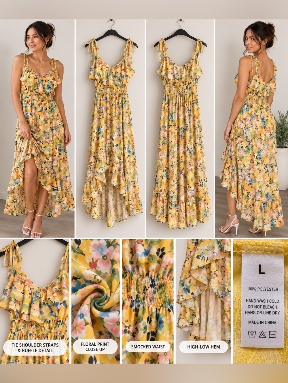 Yellow Floral Ruffle High-Low Maxi Sundress Size L